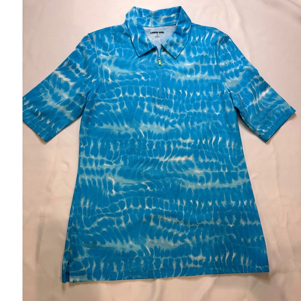 Lands End Polo Shirt Womens Small Blue Tie Dye Quarter Zip‎ Short Sleeve
